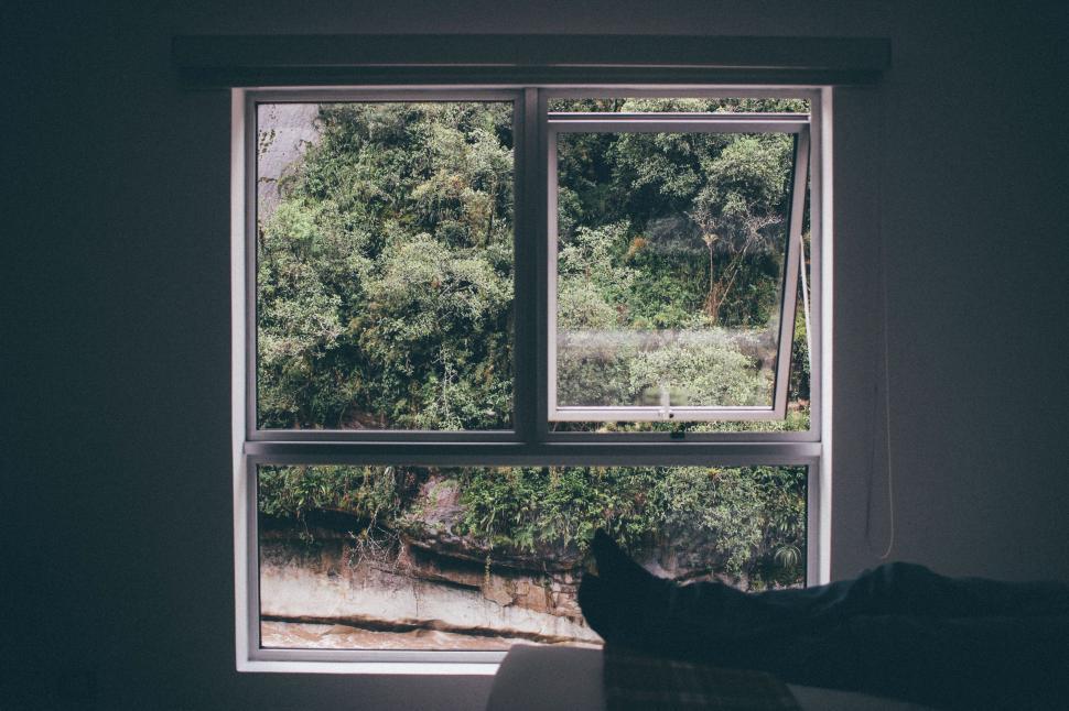 Free Image of Cat Sitting on Window Sill in Dark Room 