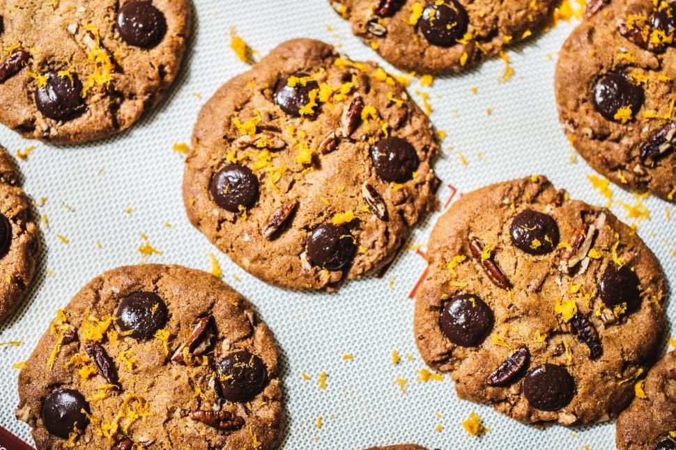 Free Image of Tray of Chocolate Chip Cookies on Table 