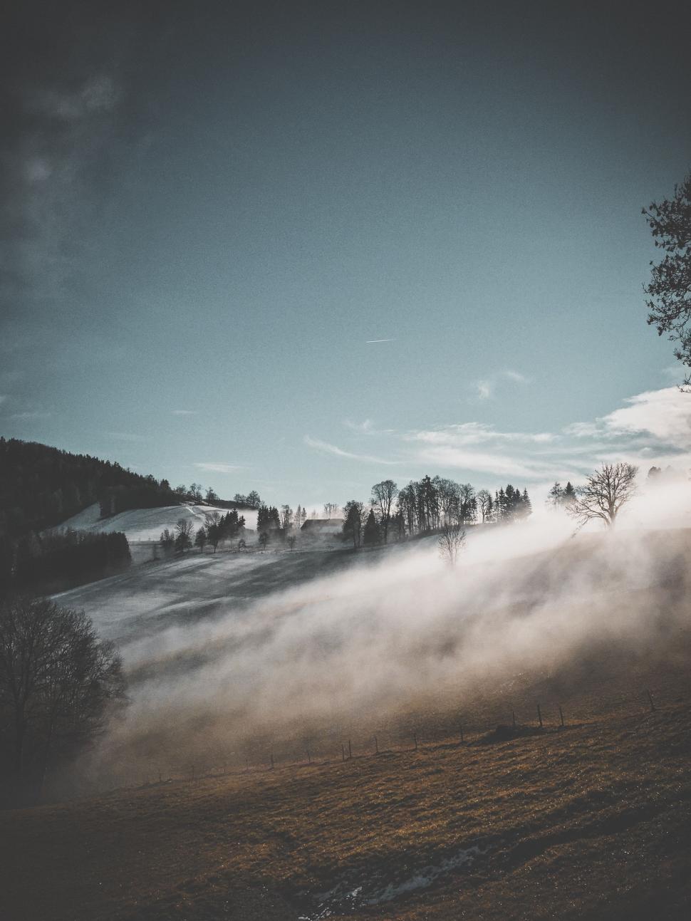 Free Image of Foggy Field With Trees and Hills 