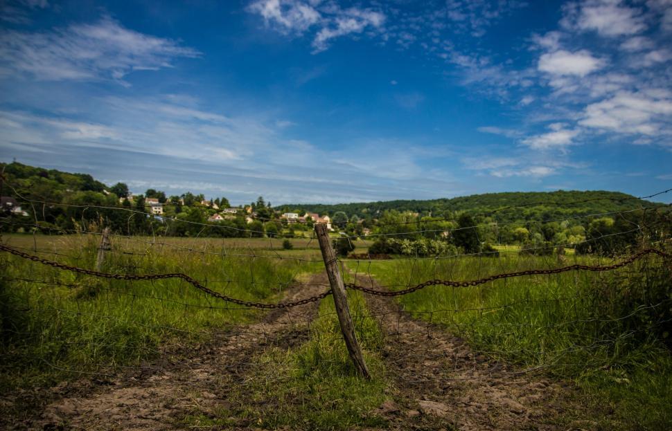Free Image of Dirt Road in Field With Barbed Wire Fence 