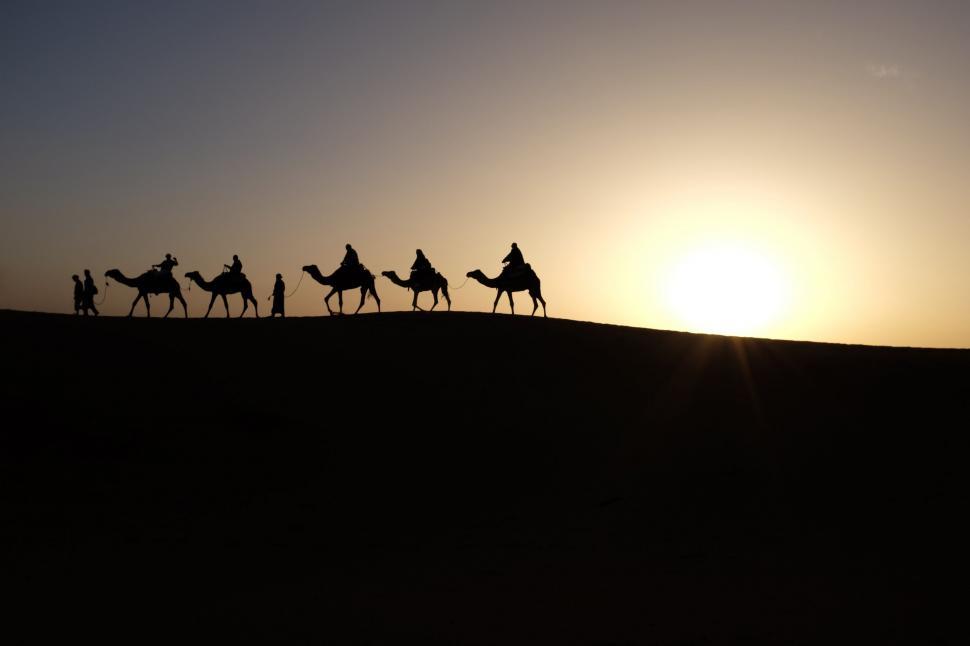 Free Image of Group of People Riding Camels Across Desert 