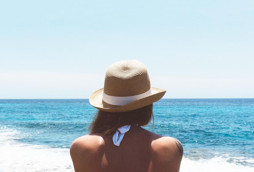 Free Image of Woman in a Hat Sitting on the Beach 