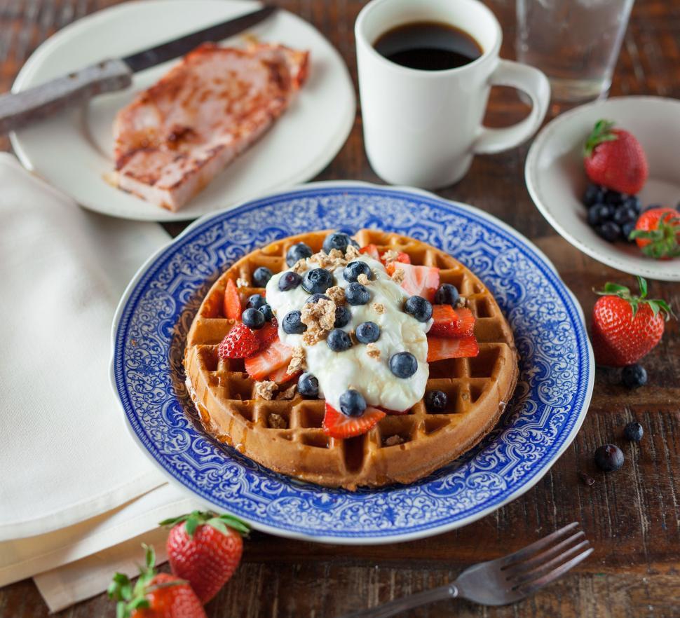 Free Image of Blue and White Plate With Waffles and Fruit 