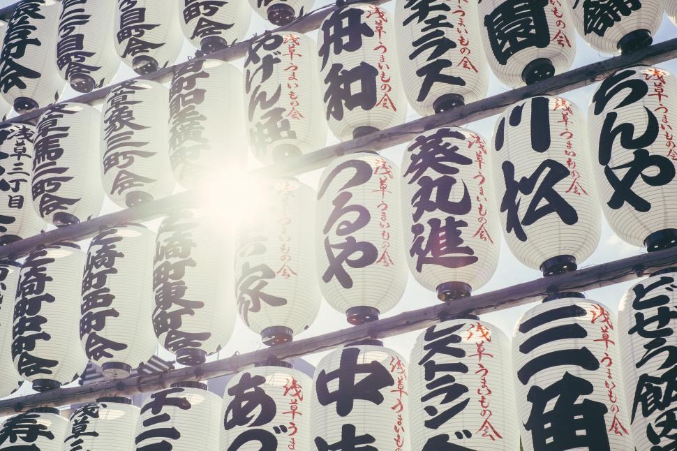 Free Image of Asian Lanterns Hanging From Pole 