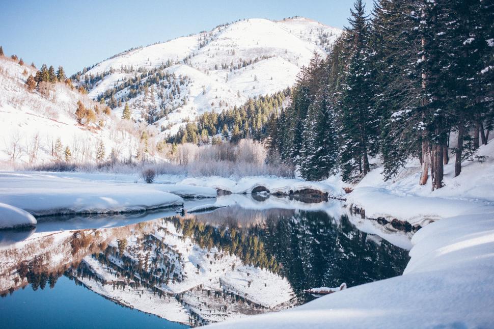 Free Image of Snow Covered Mountain and Lake in Foreground 