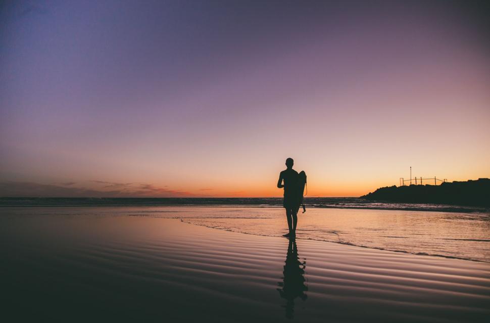 Free Image of Person Walking on Beach at Sunset 
