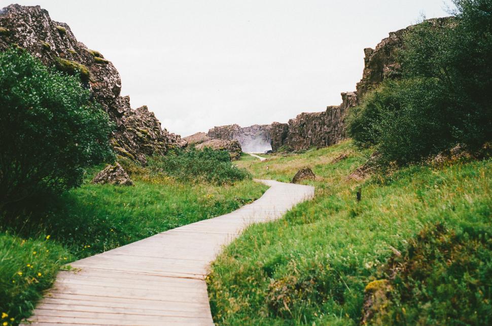 Free Image of Wooden Path Crossing Lush Green Field 