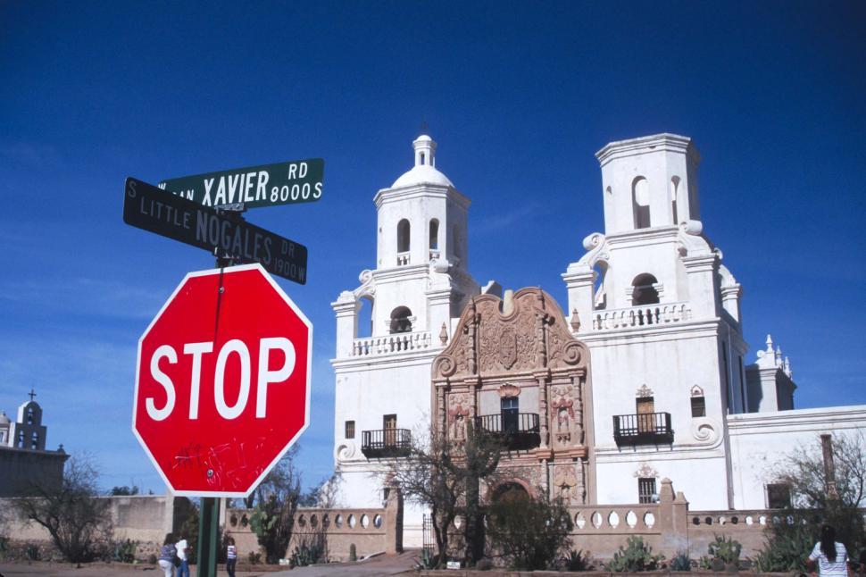 Free Image of Street sign and Mission San Xavier del Bac 