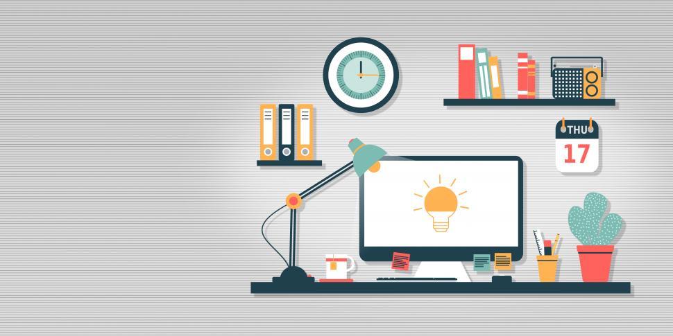Free Image of Empty Work Desk With Idea Icon on Computer Screen - Creativity a 