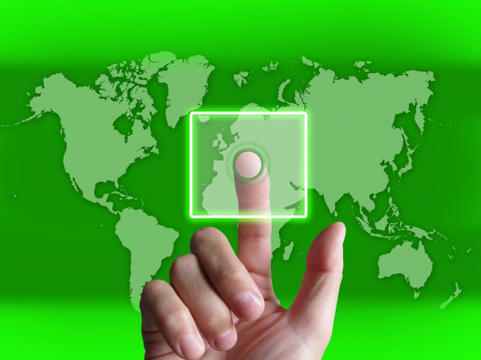 Free Image of Hand Touch Touchscreen On World Map Shows Internet WWW 