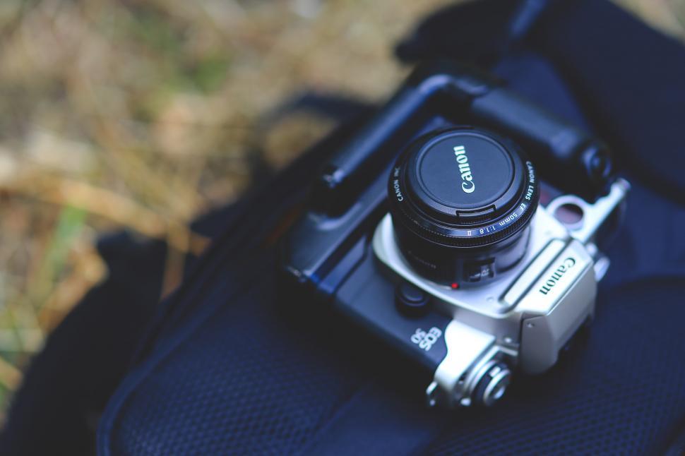 Free Image of Camera on Top of Black Bag 
