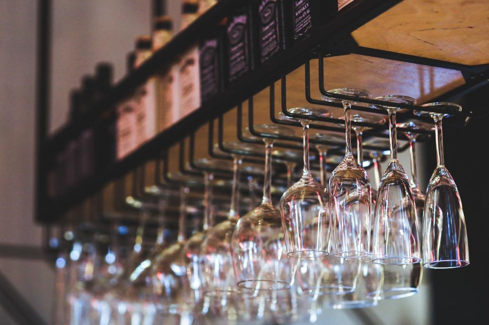Free Image of Row of Wine Glasses on Shelf 