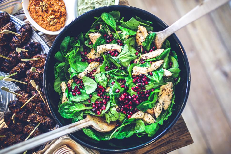 Free Image of Bowl of Salad With Meat and Vegetables on Table 