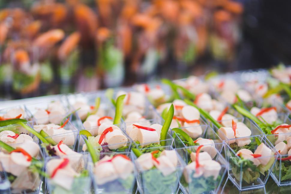 Free Image of Close Up of Many Small Trays of Food 