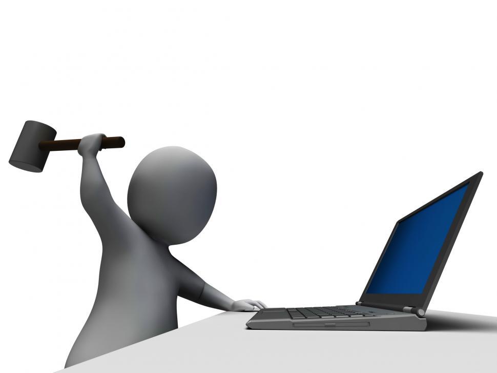 Free Image of Hammer Hitting Computer Showing Angry With Laptop 