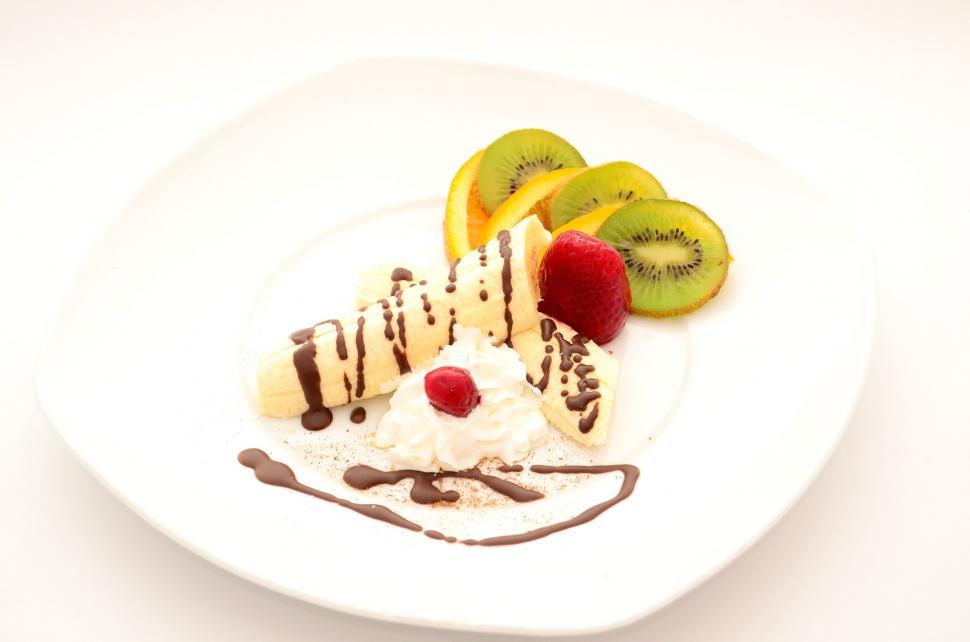 Free Image of White Plate With Fruit and Ice Cream 