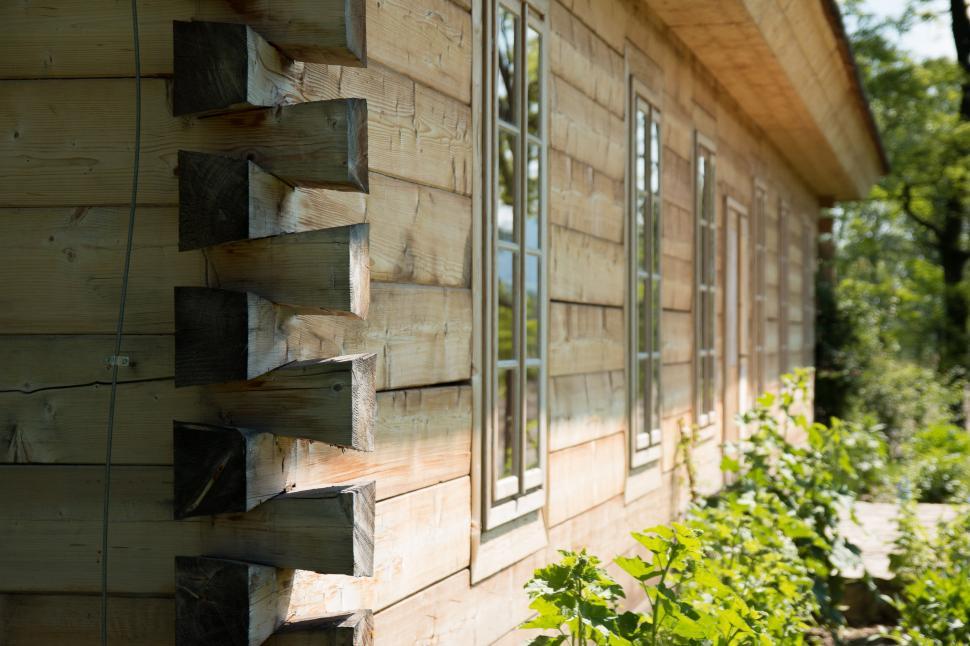 Free Image of Wooden House With Several Windows and Green Bush 