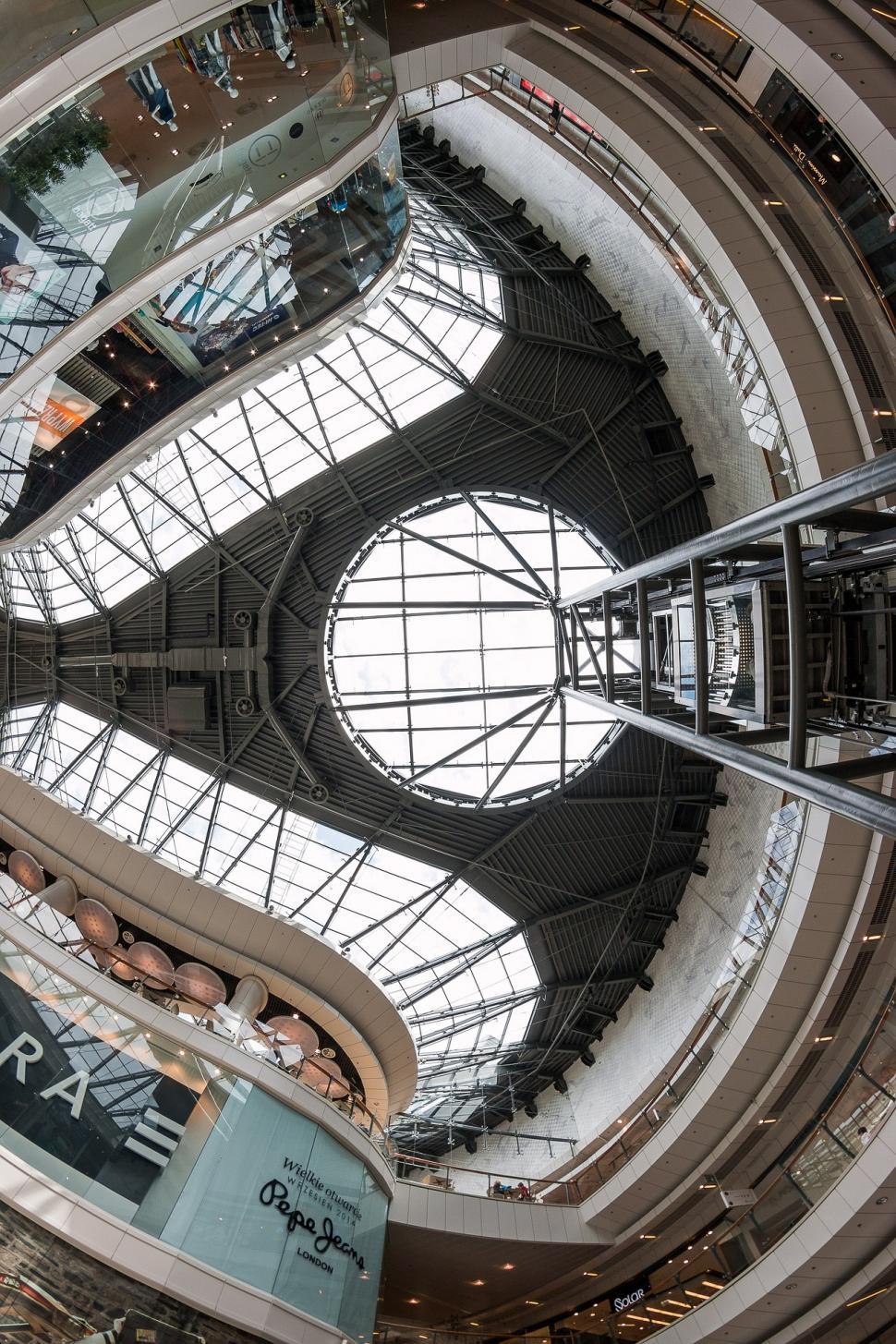 Free Image of Inside View of Large Building With Skylight 