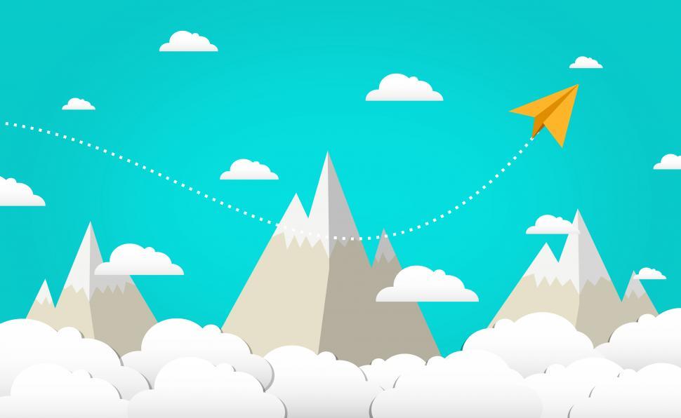 Free Image of Flying High - Paper Plane Clouds and Mountains - Cloud Computing 