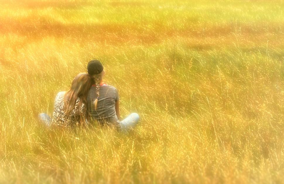 Free Image of Hazy Vintage Looks - Girls on the Grass - With Copyspace 
