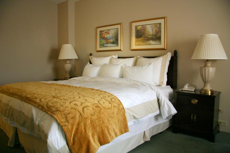 Free Image of Modern Bedroom With Bed, Lamps, and Pictures 