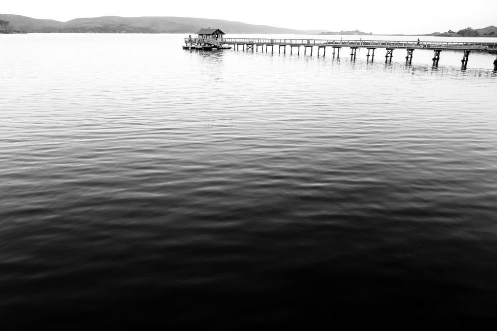 Free Image of Boat house on pier, black and white 