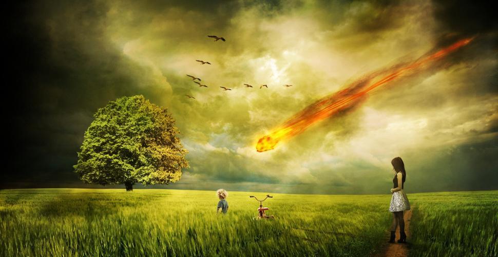 Free Image of A Painting of a Woman and Two Children in a Field 