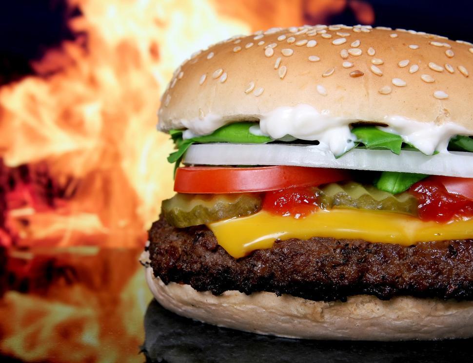 Free Image of Delicious Hamburger With Cheese, Tomato, Lettuce, and Pickles 