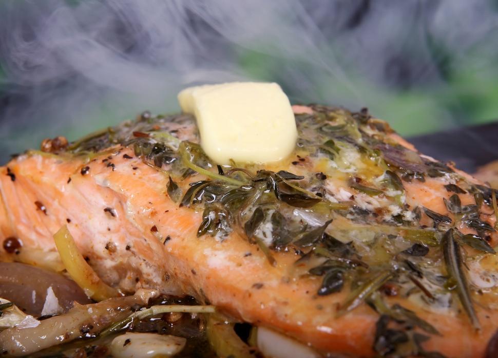 Free Image of Close Up of Salmon on Bed of Mushrooms 