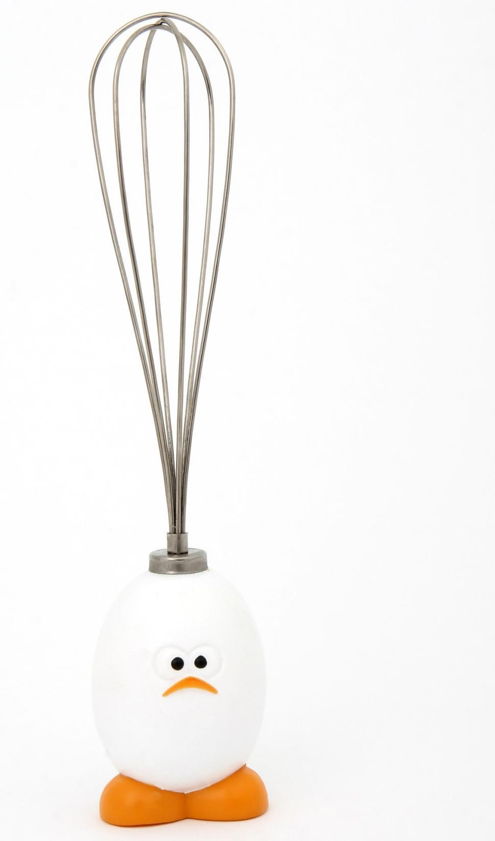 Free Image of White and Orange Bird Holding Whisk in Beak 