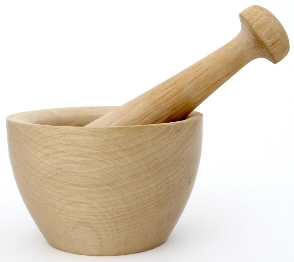 Free Image of Wooden Mortar and Pestle on White Background 