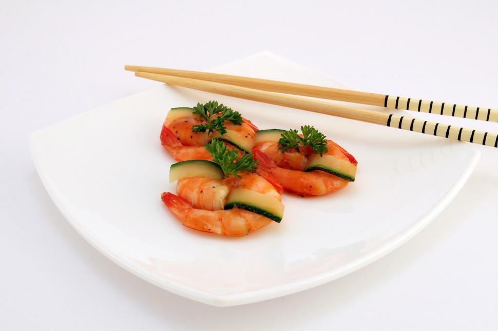 Free Image of White Plate With Shrimp and Cucumbers 