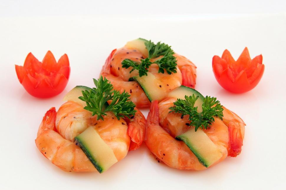 Free Image of White Plate With Shrimp and Cucumbers 