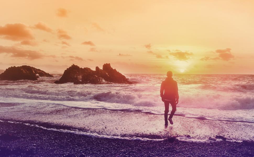 Free Image of Into the Sea - Young Man Watching the Sunrise at the Beach 