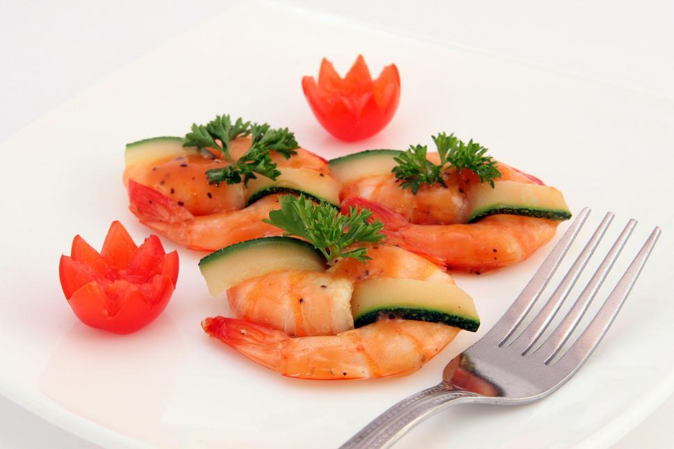 Free Image of White Plate With Shrimp and Cucumbers 