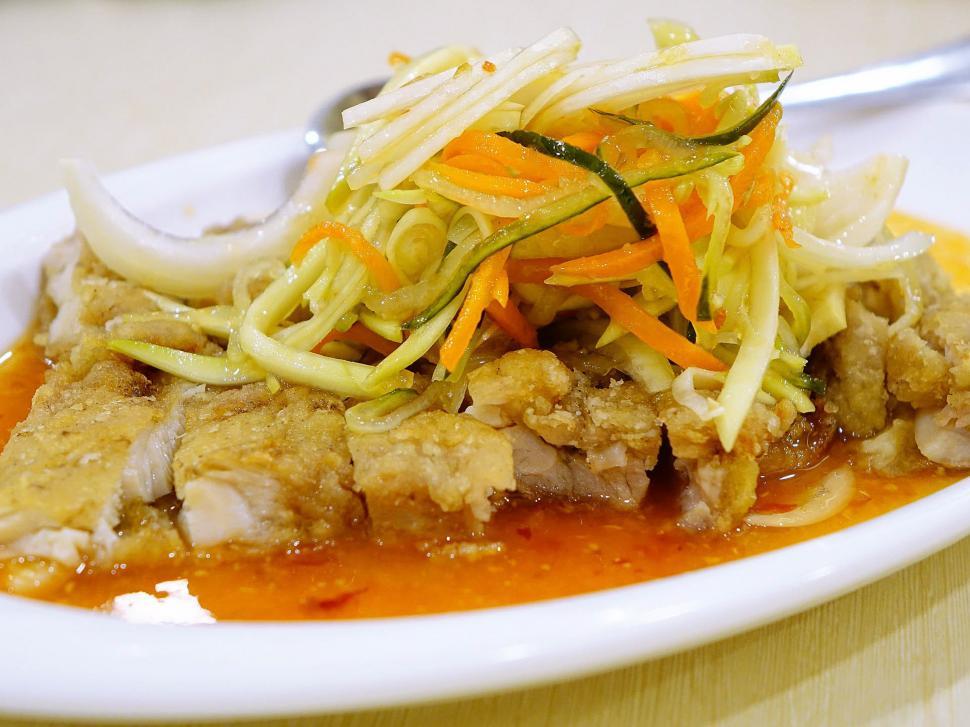 Free Image of White Plate With Meat Covered in Sauce 