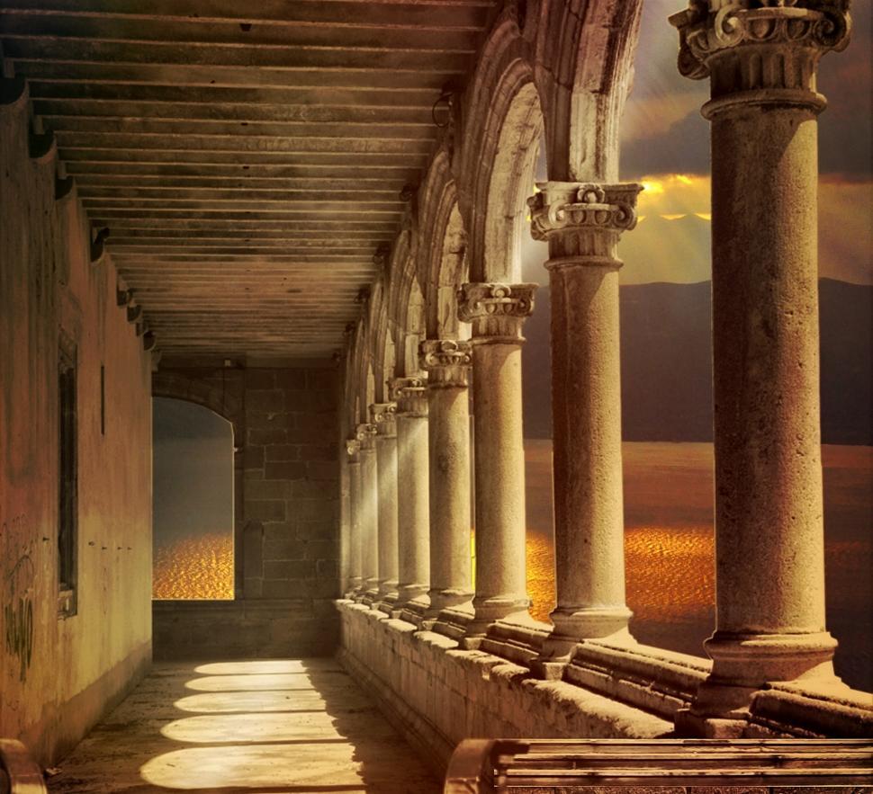 Free Image of Grand Hallway With Columns and Wall Clock 