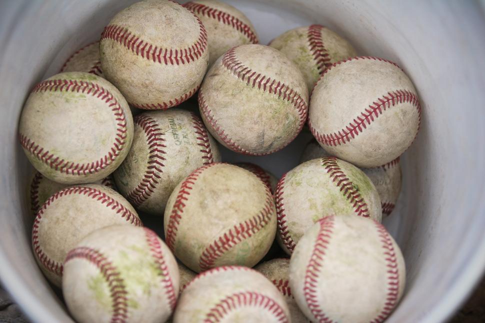 Free Image of Bucket Full of Baseballs on Table 