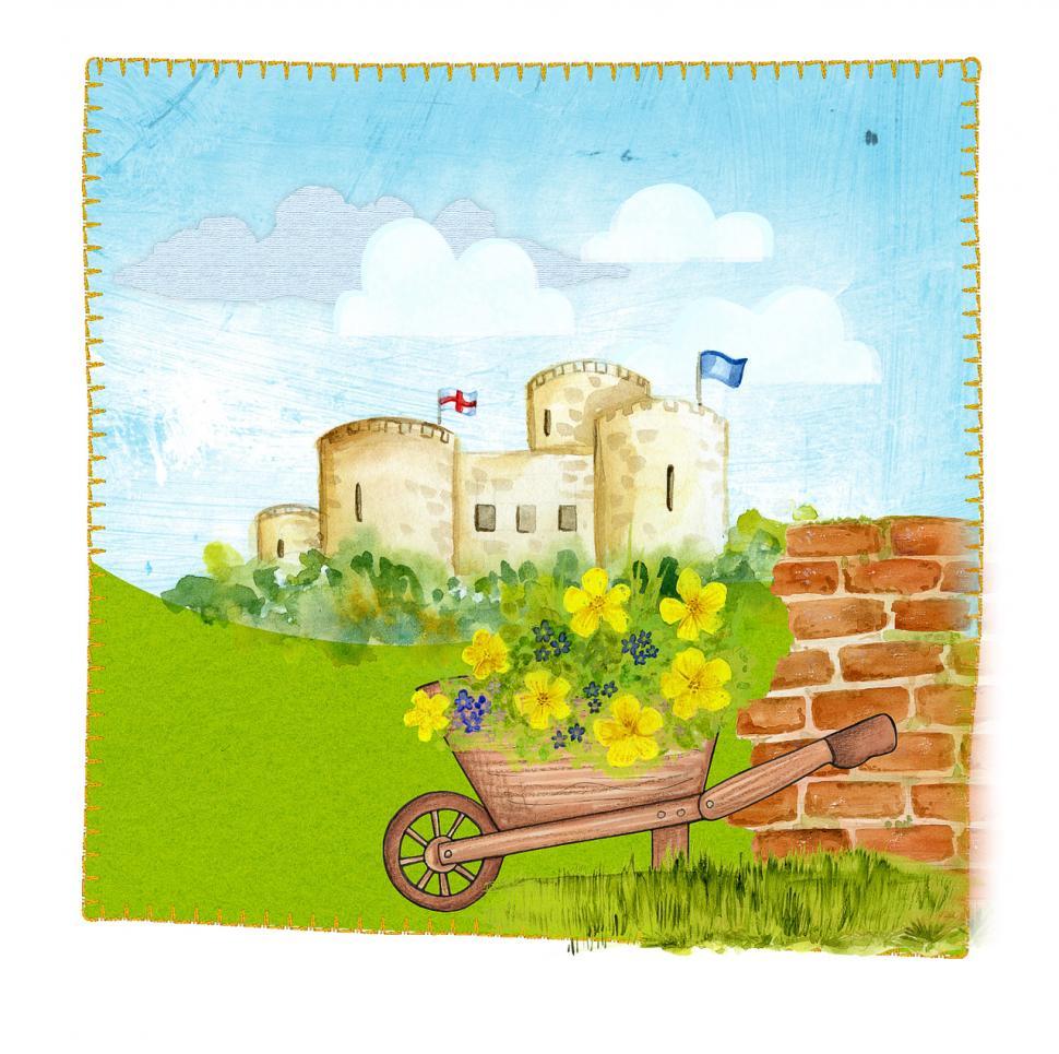 Free Image of Wheelbarrow With Flowers Painting 