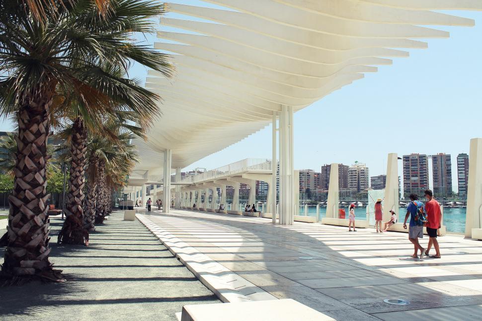 Free Image of Group of People Walking Down Walkway Next to Body of Water 