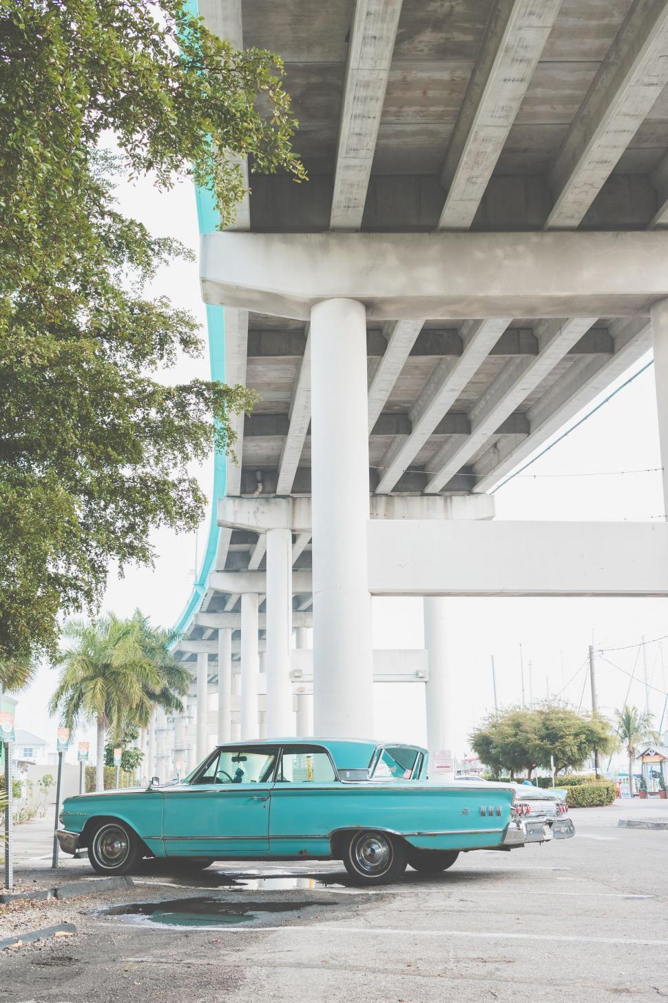 Free Image of Blue Car Parked Under Bridge 