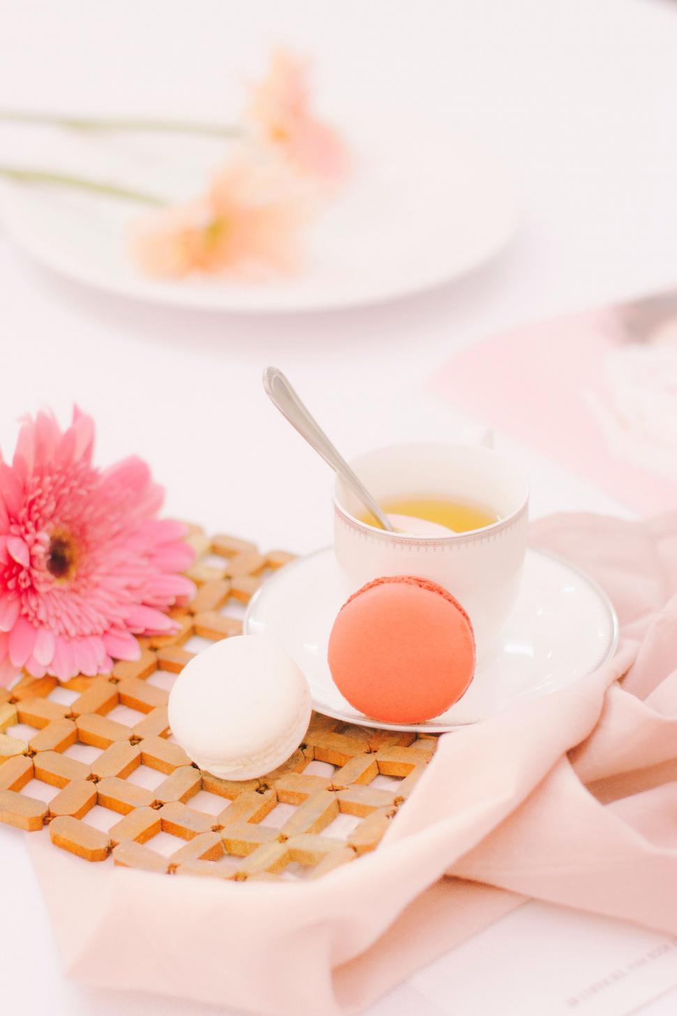 Free Image of A Cup of Tea Beside a Pink Flower 