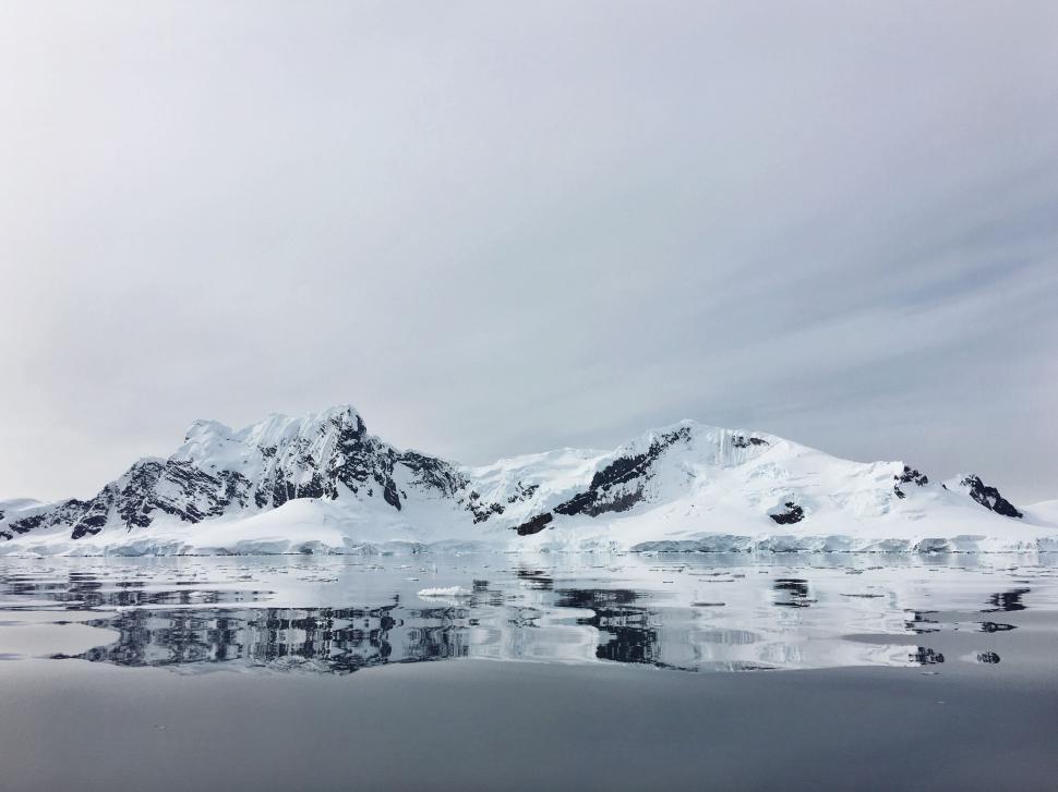 Free Image of Majestic Lake Surrounded by Snow Covered Mountains 