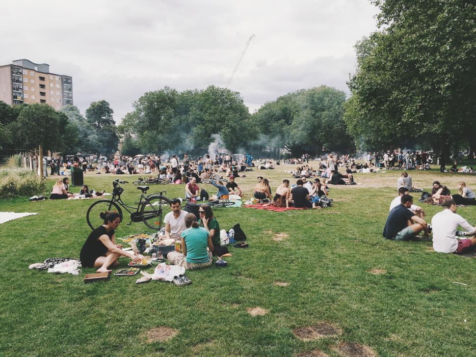 Free Image of Group of People Sitting on Top of Lush Green Field 