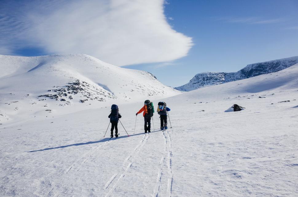 Free Image of Group of People Riding Skis Across Snow Covered Slope 