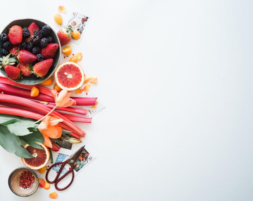 Free Image of Table With Fruits, Vegetables, and Scissors 