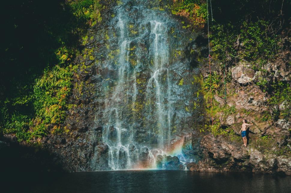 Free Image of Man Standing in Front of Waterfall 