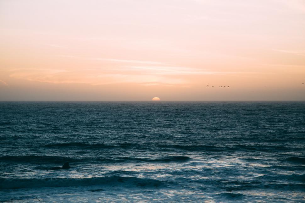 Free Image of Sun Setting Over Ocean With Birds Flying 
