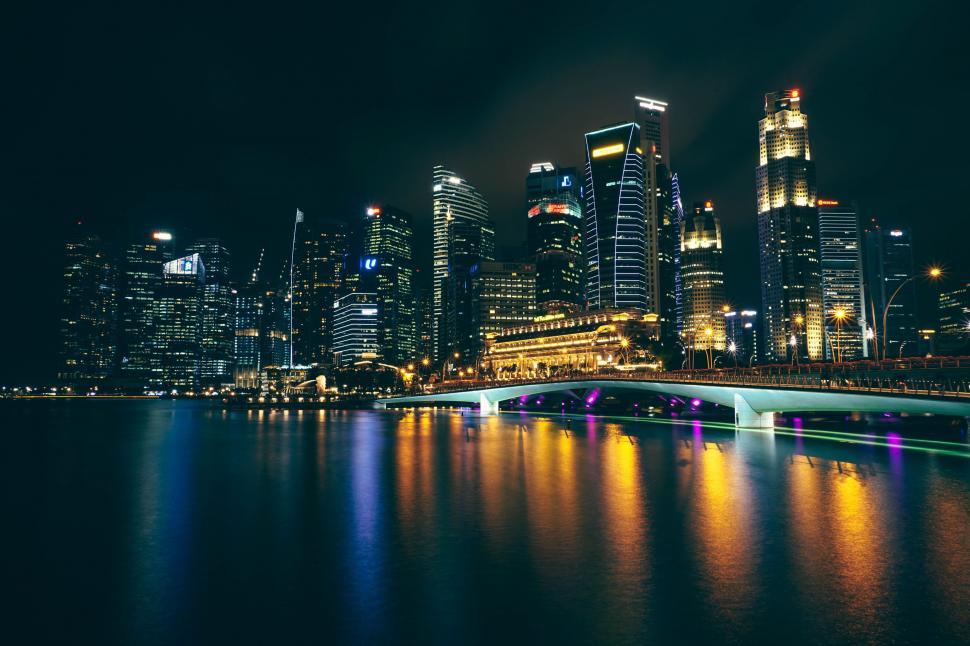 Free Image of City Skyline Illuminated by Night Lights Reflecting in Water 