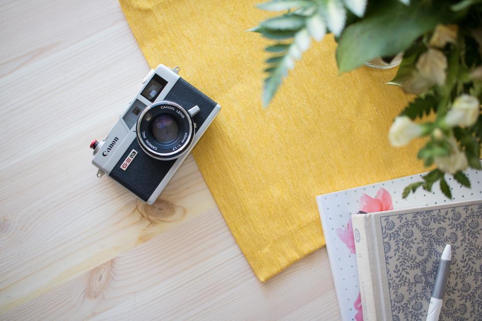 Free Image of Camera on Wooden Floor Next to Plant 